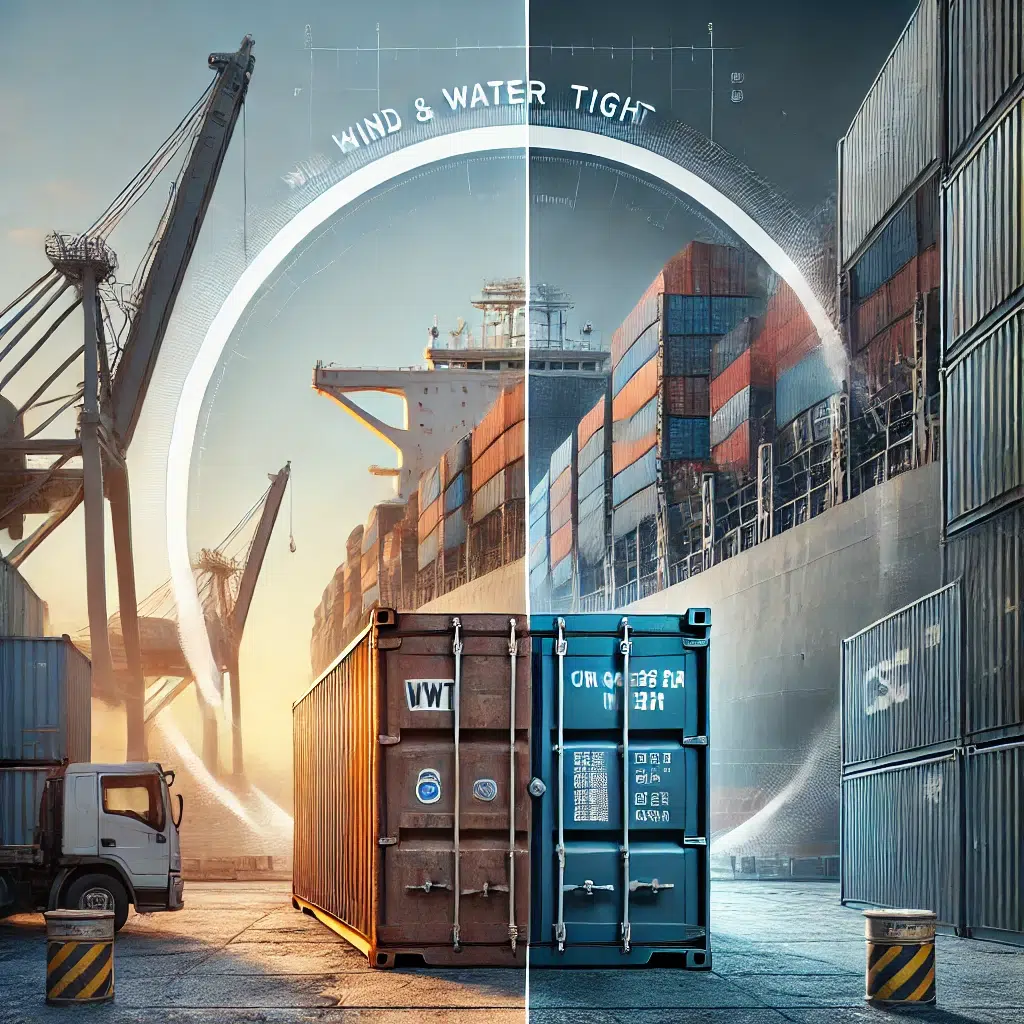 wo shipping containers side by side: a weathered Wind and Water Tight (WWT) container labeled 'For Storage Use Only' on a construction site, and a cleaner Cargo Worthy (CW) container with a visible 'CSC Certified' plate at a dockyard ready for shipping.