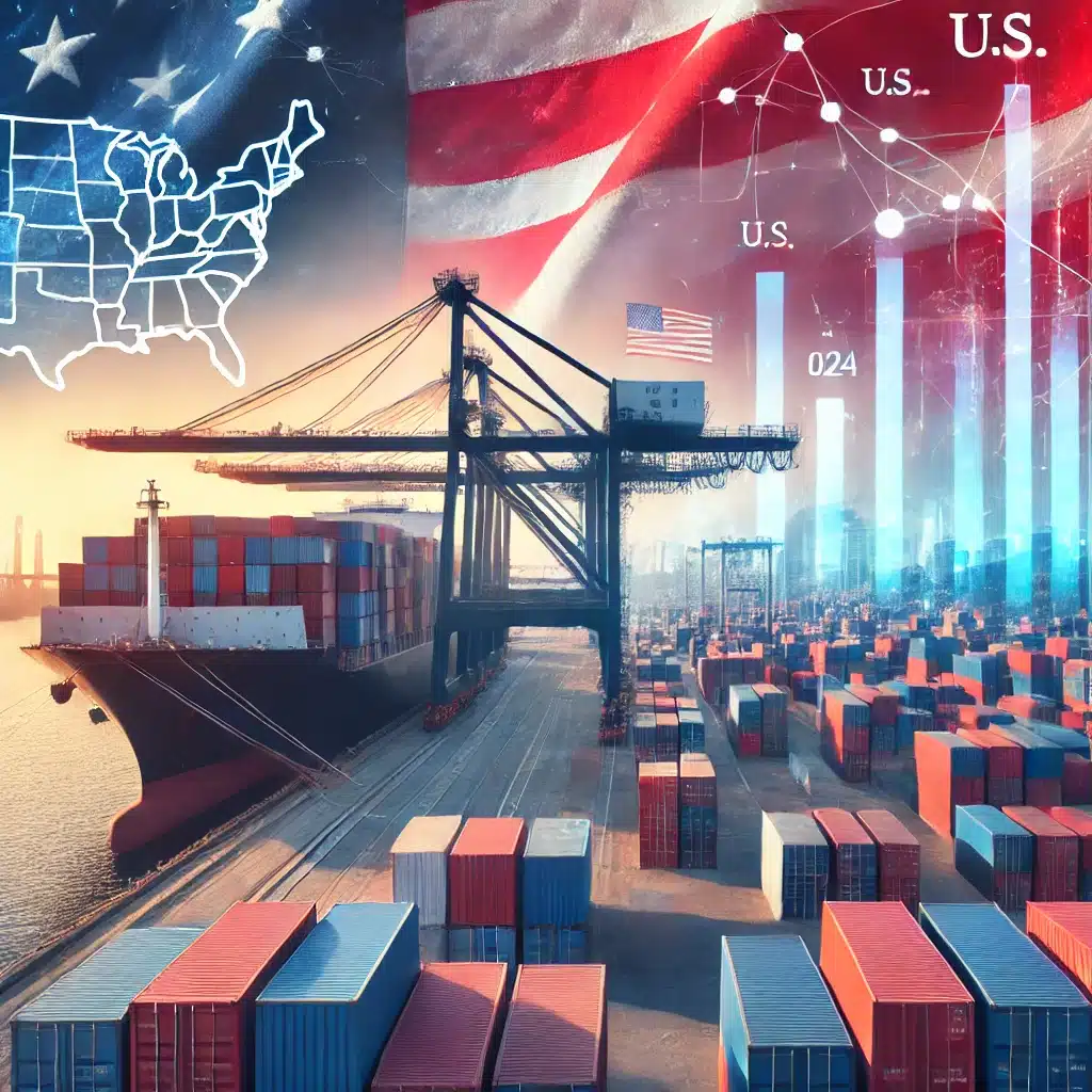 Shipping containers at a bustling port, with U.S. election influences and trade routes, symbolizing the impact of elections on container trading.