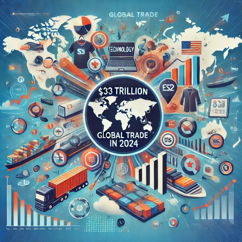 Infographic showing global trade trends for 2024, highlighting the $33 trillion milestone with icons for technology, apparel, and shipping sectors, a global map, and growth graphs.