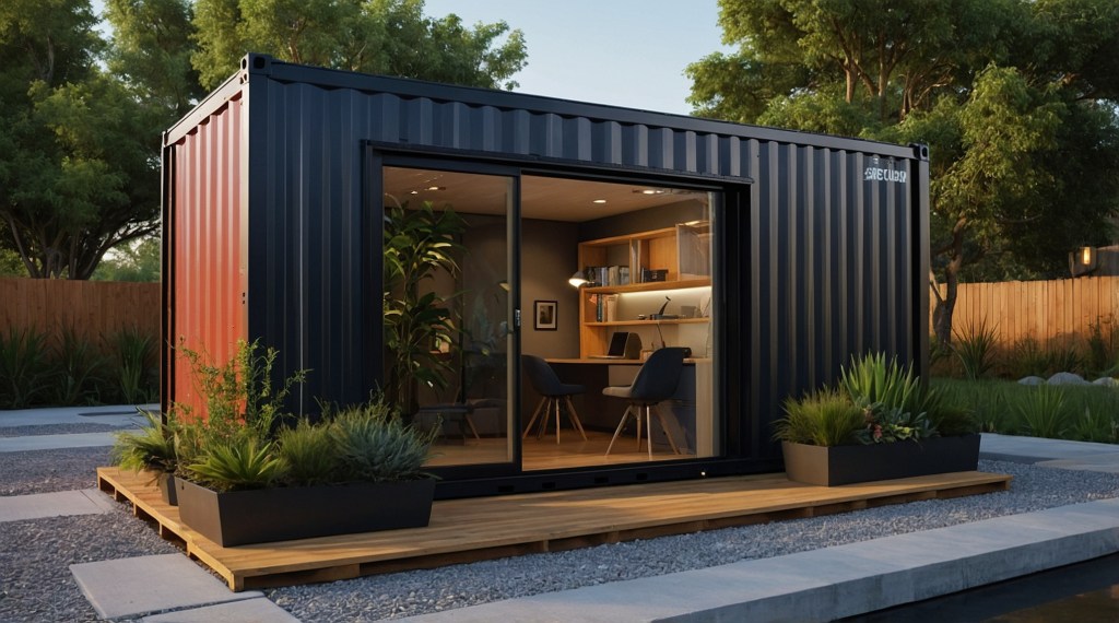 Modern Shipping Container Home Office Setup Modern modified shipping container turned into a home office, featuring large glass windows, a cozy desk setup, and surrounded by greenery.