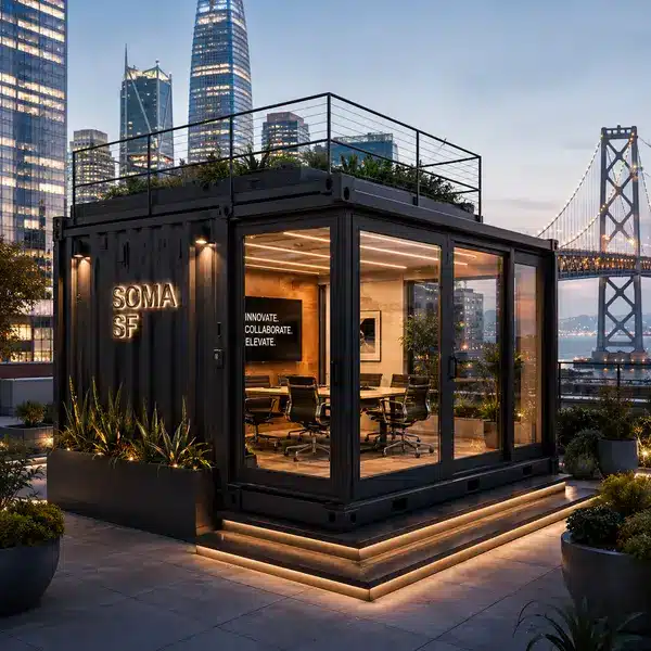 Modified shipping container tech office space in San Francisco SOMA district with Bay Bridge in background