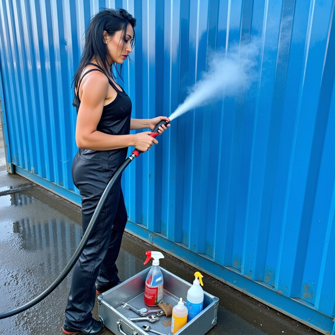 container maintenance tips professional woman pressure washing blue shipping container with tools