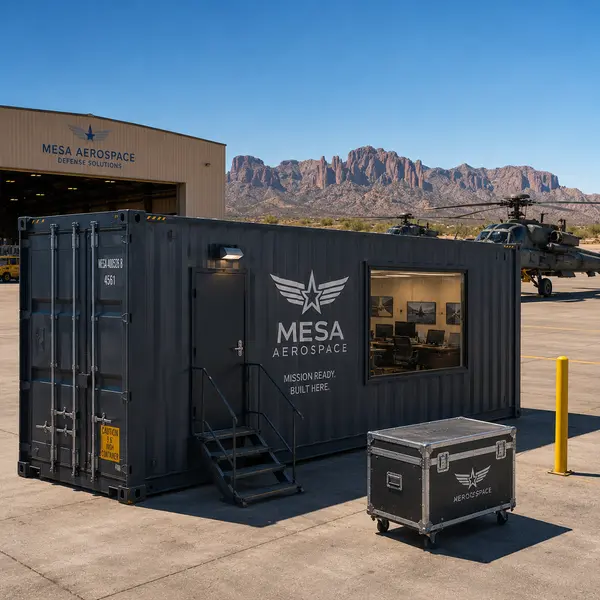 Shipping container at Mesa Arizona aerospace facility with military helicopters and Superstition Mountains in background