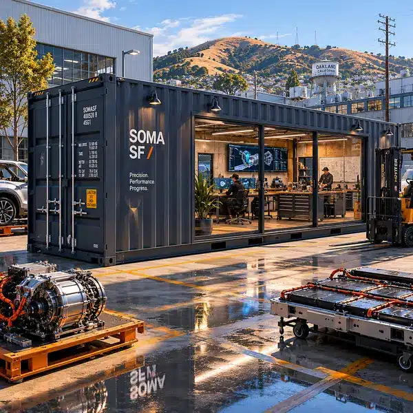 Shipping container at a Fremont California EV manufacturing supplier facility with East Bay hills in background