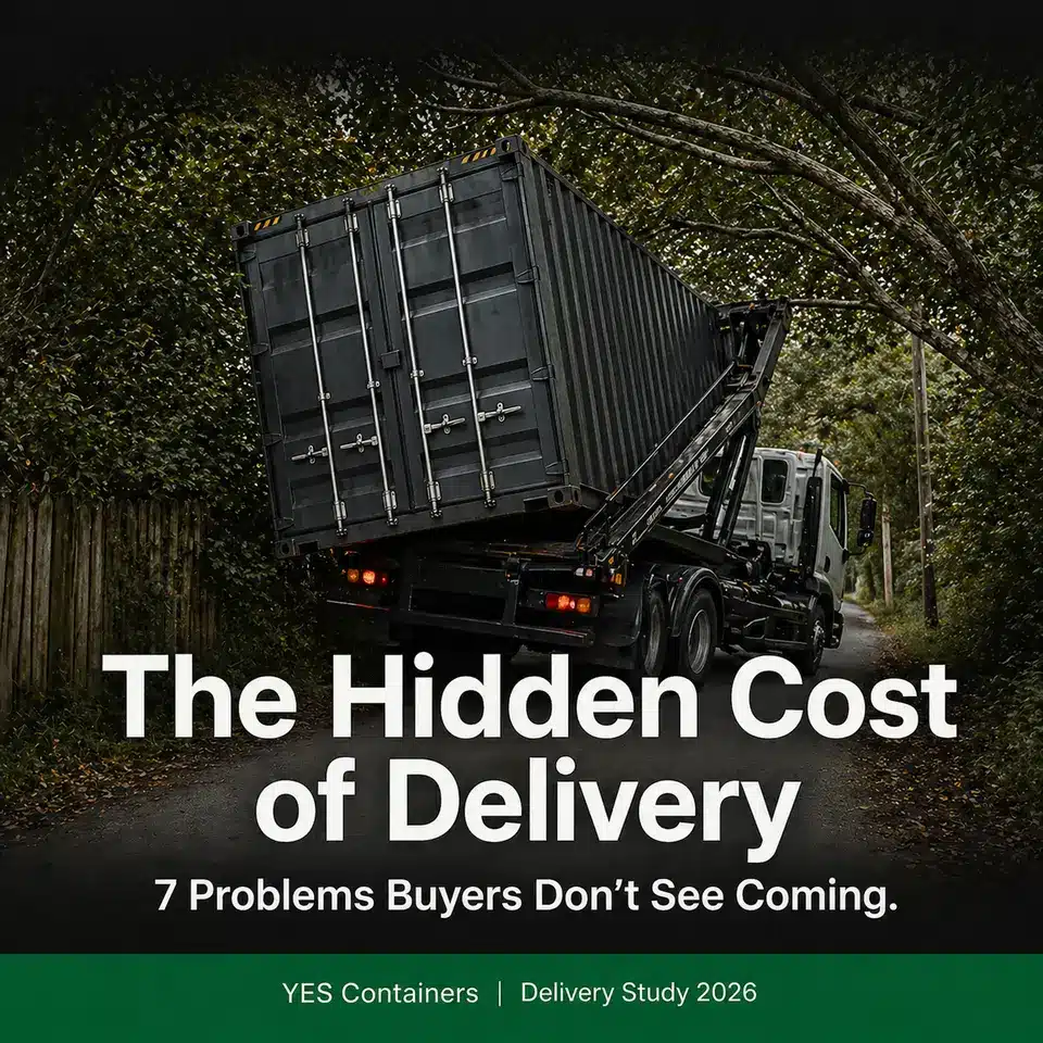 Shipping container delivery complications on rural road tilt bed truck access challenges study