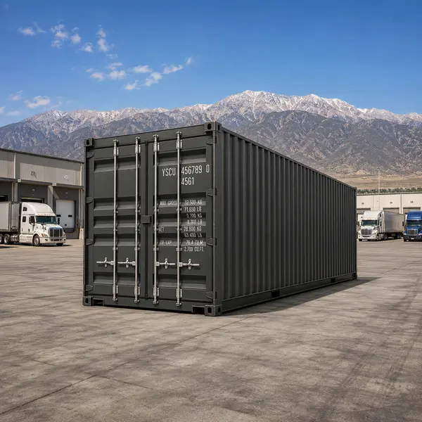 Shipping container in San Bernardino warehouse yard with freight trucks and mountains in background