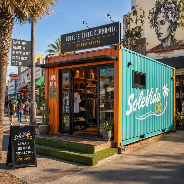 Shipping container retail storefront on Santa Ana 4th Street commercial corridor