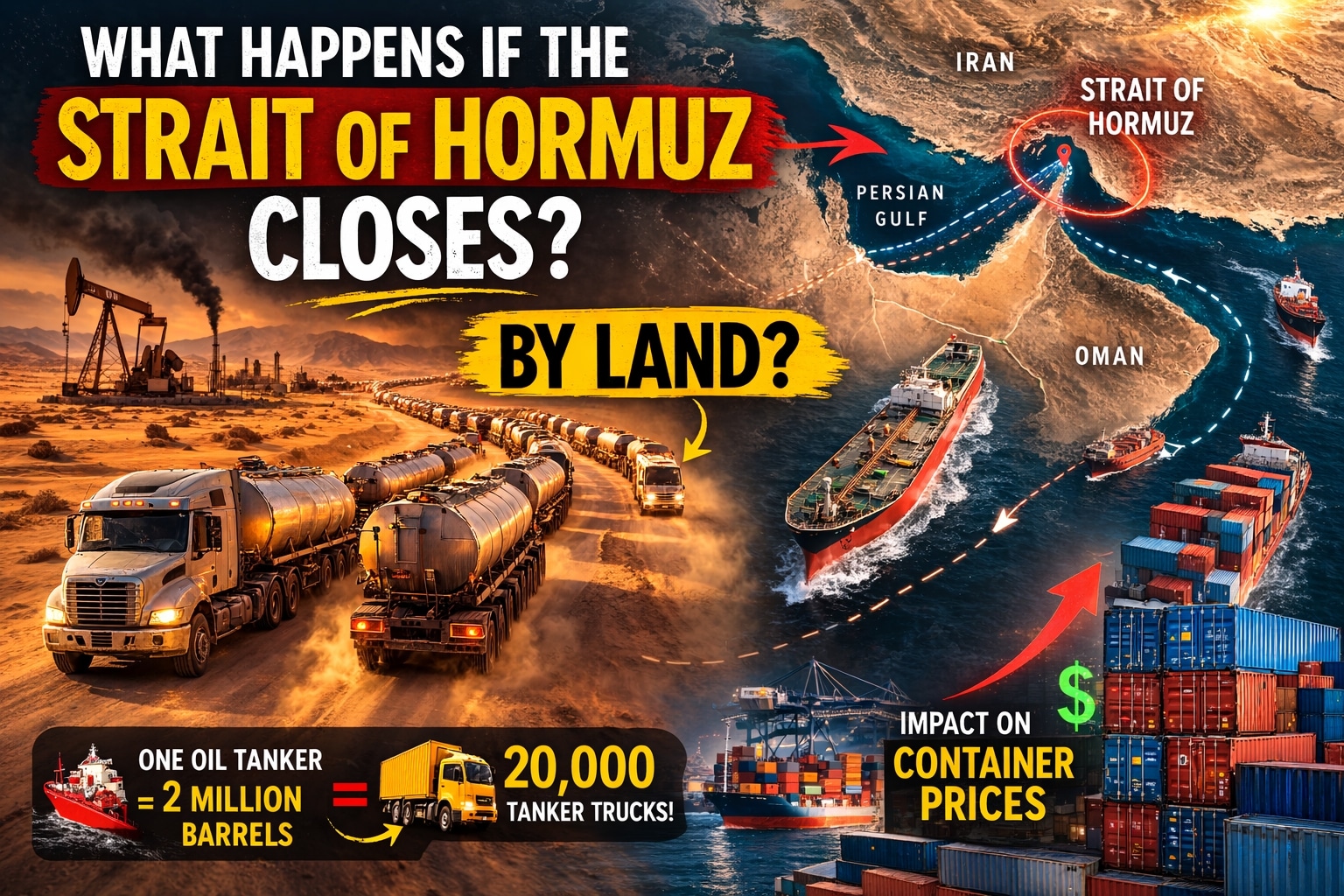 Strait of Hormuz oil route map with tankers compared to desert tanker truck convoy transporting oil by land