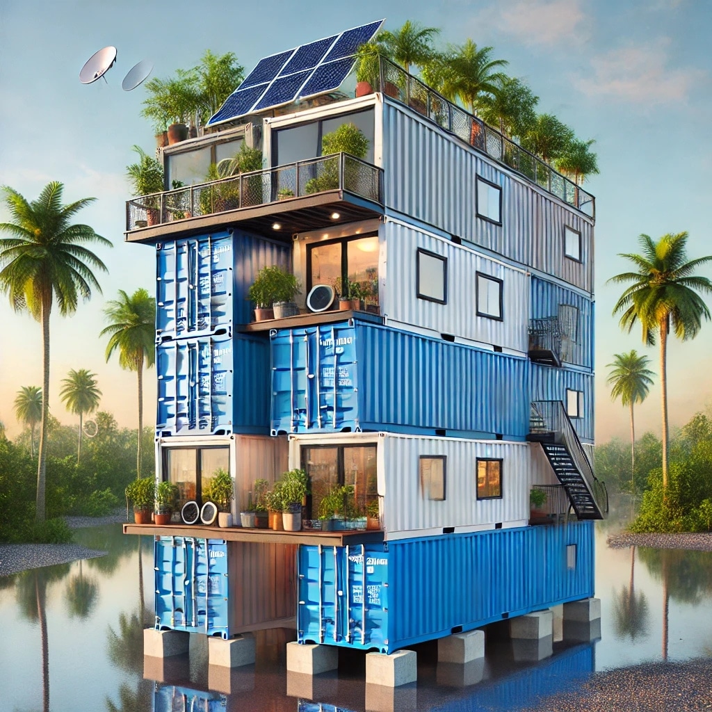 A modern hurricane-proof shipping container house in Florida, built with stacked and interconnected containers, featuring reinforced windows, doors, solar panels, a rooftop garden, and surrounded by palm trees.