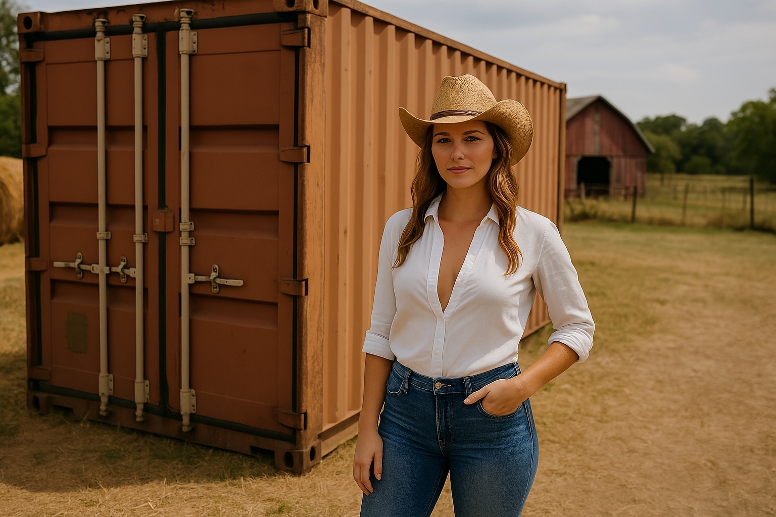 Farmer woman in white shirt and cowboy hat next to a shipping container used for farm storage