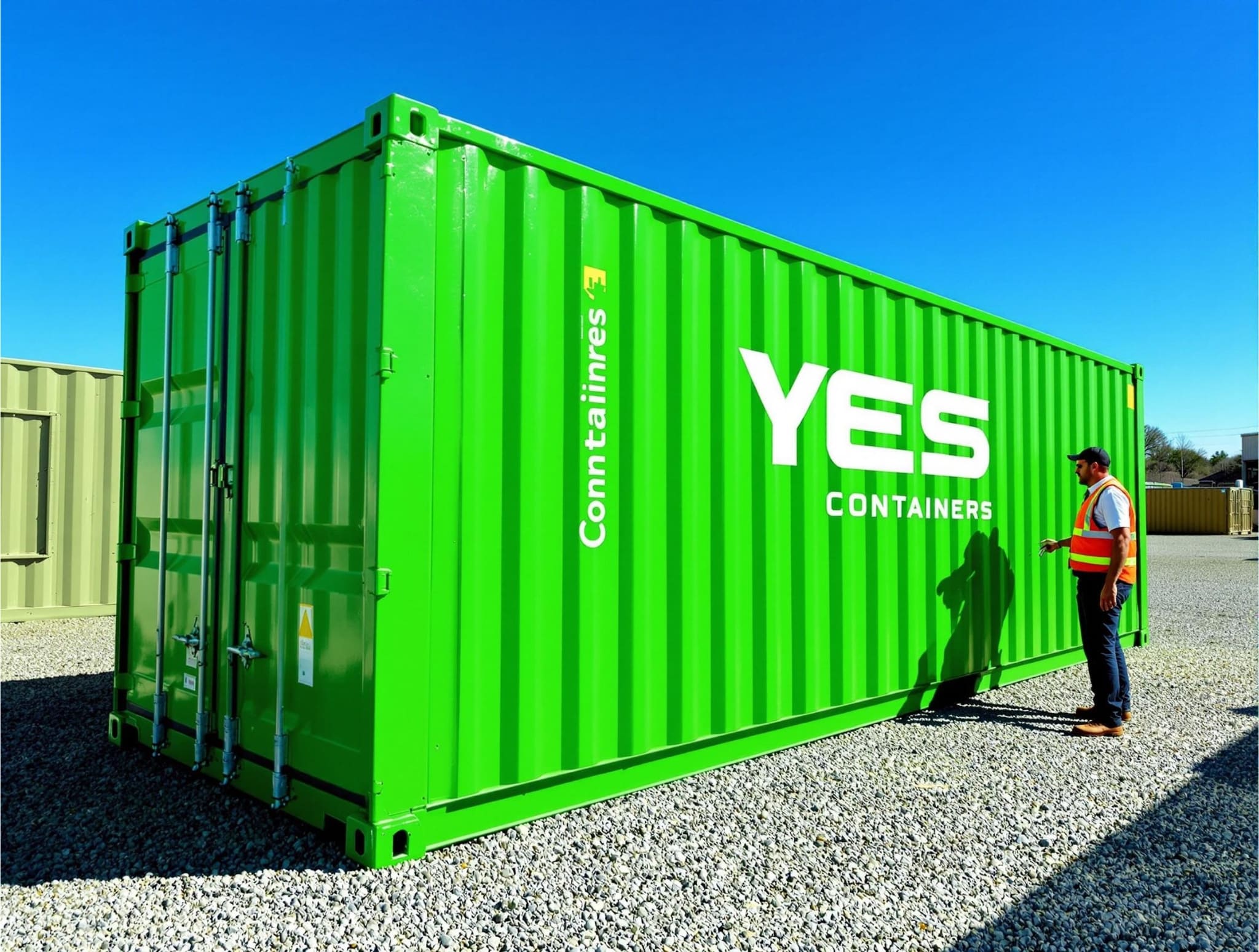 Professional inspector examining a green YES Containers shipping container, demonstrating quality assurance processes that address sight-unseen buying challenges