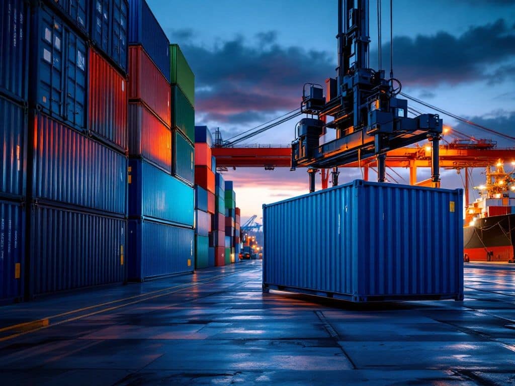 Container trade sanctions impact shown through stacked shipping containers at port terminal with logistics operations at dusk