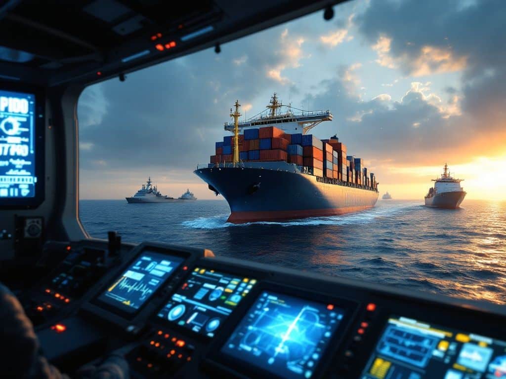 A high-tech control room monitoring a cargo ship transporting shipping containers at sea, escorted by naval security vessels during sunset.