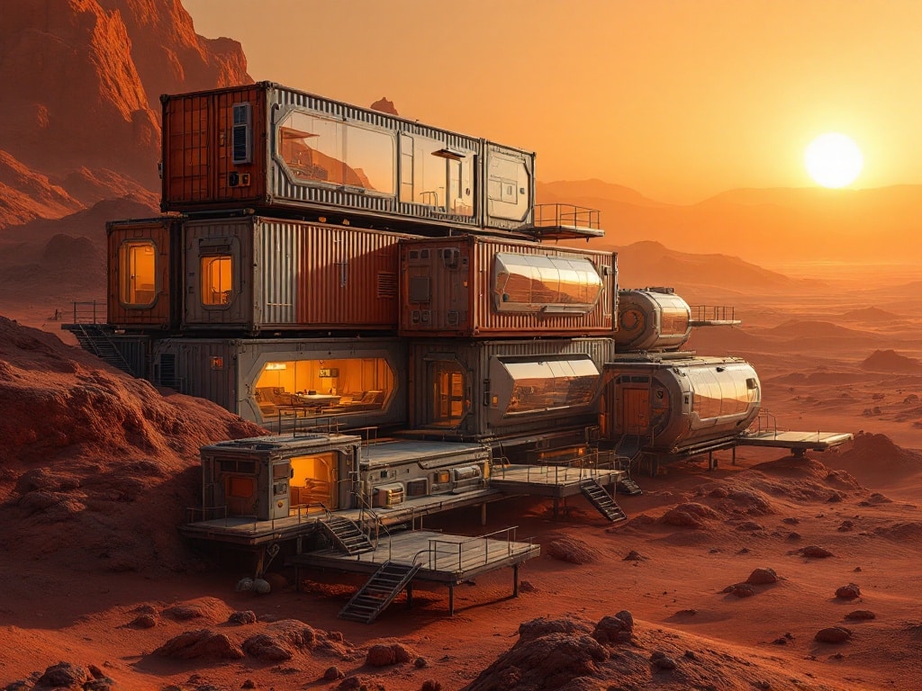 Shipping containers in space: A futuristic Martian habitat built from modified shipping containers, featuring solar panels and astronauts conducting research.