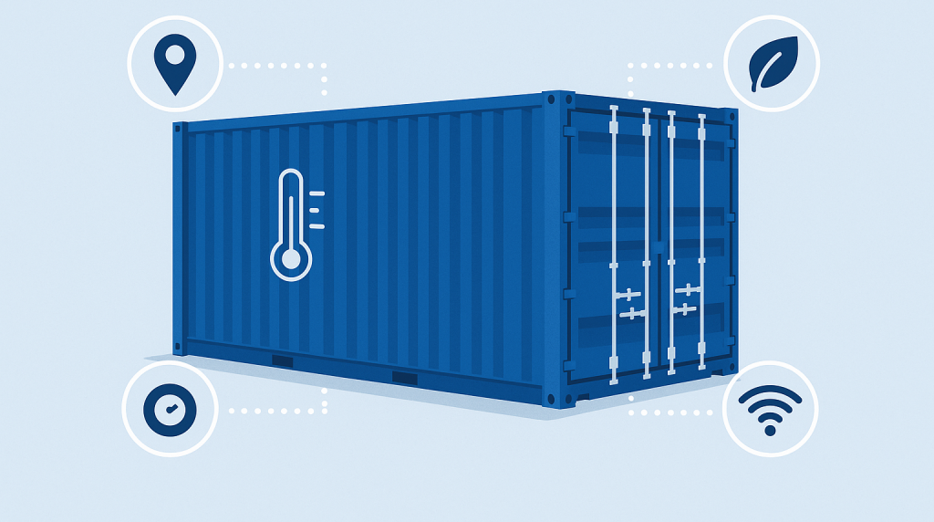 Tech-Enhanced Smart Shipping Container Illustration Digital illustration of a blue smart shipping container with icons for GPS, temperature monitoring, wireless connectivity, and environmental sensors.
